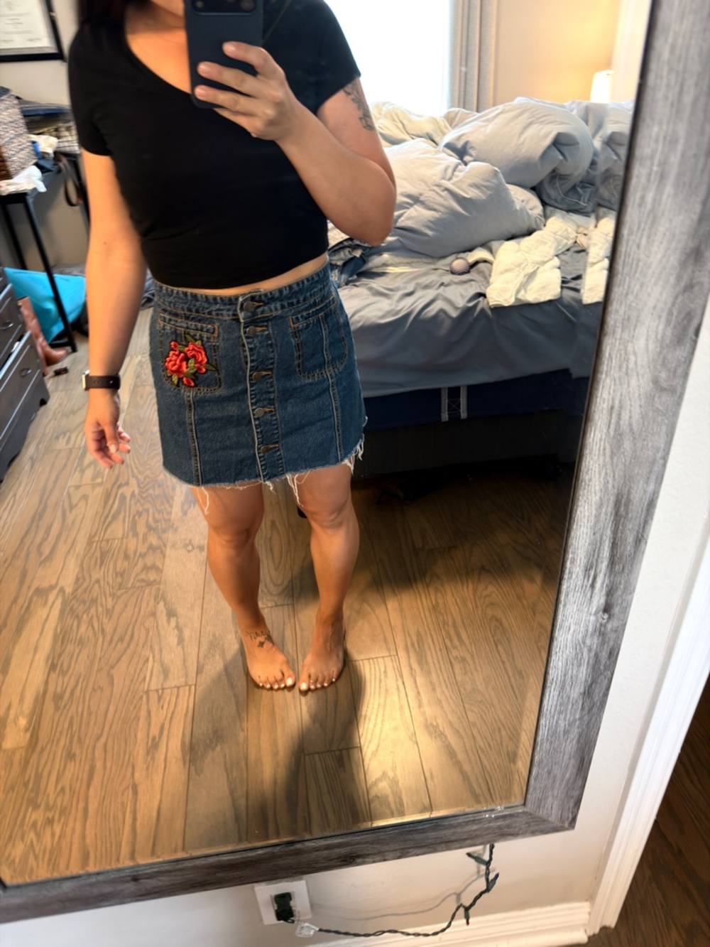 Dark Blue Denim Button-Front Mini Skirt with Embroidered Floral Pocket - Picture 4 of 8